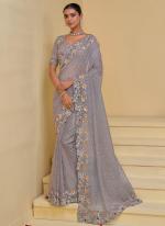 Pure Banarasi Tuscany Grey Wedding Wear Moti Work Saree